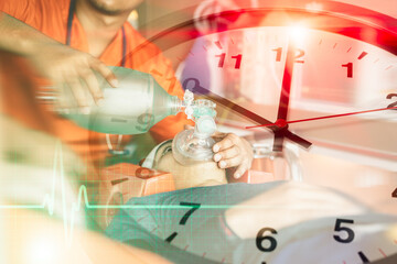 mobile emergency medical team speed help injured race against time concept. paramedics working resuscitator overlay times clock face. - 794973651