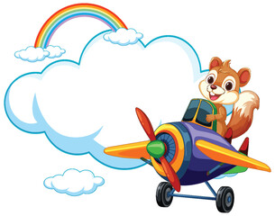 Cartoon squirrel flying a plane with rainbow