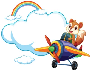 Tapeten Kinder Cartoon squirrel flying a plane with rainbow