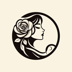 Girl face logo with combination of floral design, circle line style design 