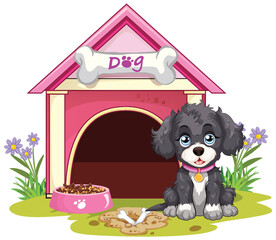 Cute puppy sitting outside its colorful doghouse