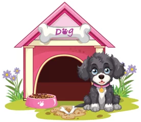 Badkamer foto achterwand Kinderen Cute puppy sitting outside its colorful doghouse