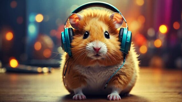 cute hamster wearing headphones cartoon