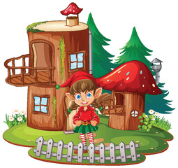 Cheerful elf outside a whimsical mushroom house