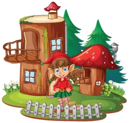 Badkamer foto achterwand Kinderen Cheerful elf outside a whimsical mushroom house