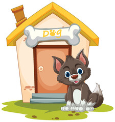 Cheerful cartoon puppy sitting by its doghouse