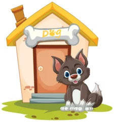 Badkamer foto achterwand Kinderen Cheerful cartoon puppy sitting by its doghouse