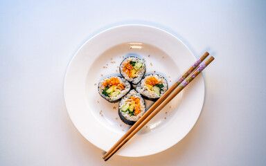 closeup view of Korean food Kimbap rolling rince on a plate