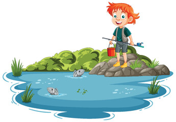 A cheerful young boy fishing by a serene pond