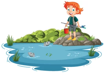 Foto op geborsteld aluminium Kinderen A cheerful young boy fishing by a serene pond