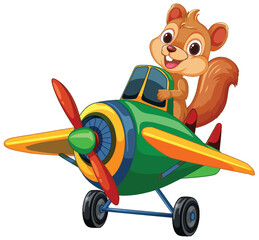Cartoon squirrel flying a colorful toy airplane