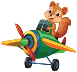 Badkamer foto achterwand Kinderen Cartoon squirrel flying a colorful toy airplane