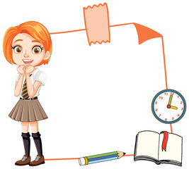 Young girl pondering with book and clock illustration