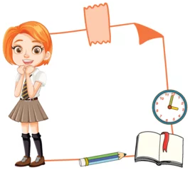 Tapeten Kinder Young girl pondering with book and clock illustration