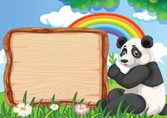 Badkamer foto achterwand Kinderen Panda holding a leaf beside a wooden sign.