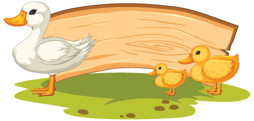 Vector illustration of ducks beside a wooden sign.