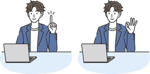 パソコンと指差しポーズ・OKポーズをするオフィスカジュアルコーデの男性