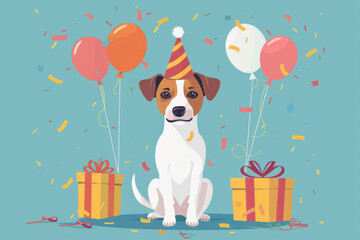 An illustrated drawing of a Jack Russell dog, a hat on his head, birthday, gifts, balloons. Cute dog on a blue background.