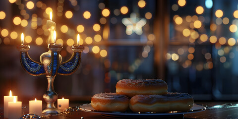 Religion image of jewish holiday Hanukkah background with menorah traditional candelabra and candles, Traditional Hanukkah Candle Lighting: Menorah Background - obrazy, fototapety, plakaty