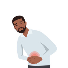 Young black unhealthy man suffer from stomach ache or gastritis. Flat vector illustration isolated on white background
