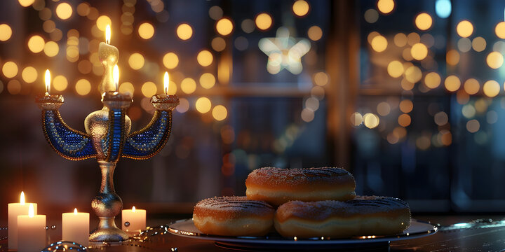 Religion image of jewish holiday Hanukkah background with menorah traditional candelabra and candles, Traditional Hanukkah Candle Lighting: Menorah Background