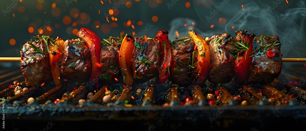 Poster create digital art of beef shish kabobs grilling utilizing neural network technology. concept digita