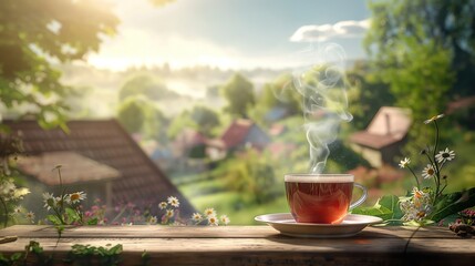 Cup of tea with a summer view of the countryside. Generative AI