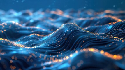 Glowing blue and yellow wireframe wavy topographic tech background. Generative AI - 794976293