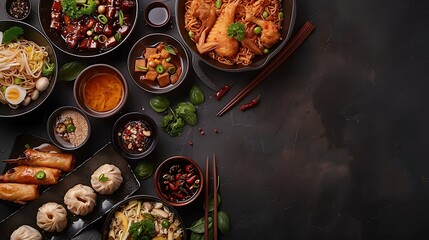 Chinese food dark background, Chinese noodles, fried rice, dumplings, peking duck, dim sum, spring...