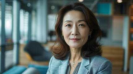 Obraz premium portrait of a forty year old Korean successful businesswoman wearing business casual clothes, modern office in the background