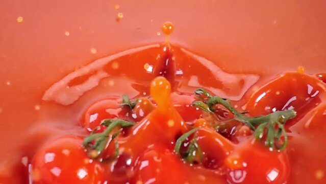 close up of natural twig of tomatoes falling in juice, advertising of vegetable juice splashing, super slow motion