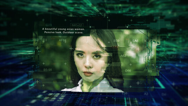 Generative AI image concept with digital background. Creating a unique image of a woman from text prompts. Text-to-image models