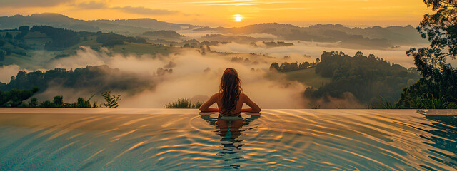 Serene Sunset at an Infinity Pool, Luxury Resort Vacation with Mountain Views in Tuscany - obrazy, fototapety, plakaty