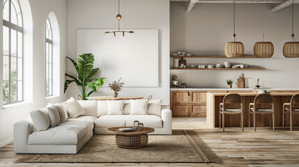 Fototapeta premium A modern living room with a white couch, a coffee table, and a potted plant. The room has a clean and minimalist design, with a white wall and wooden floors