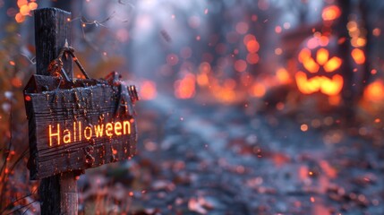 Enchanting Halloween Night Scene with Spooky Signpost and Fiery Bokeh Background. Halloween concept. Copy space. Vertical background