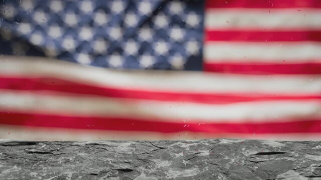 american flag laying on old stone table with blur background. AI Generative