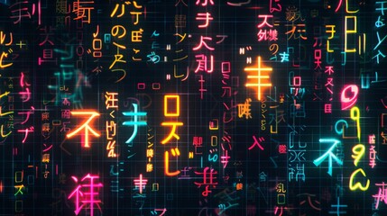 Vibrant Neon Kanji Characters Illuminating the Darkness - A Digital Tapestry of Japanese Script. Horizontal background