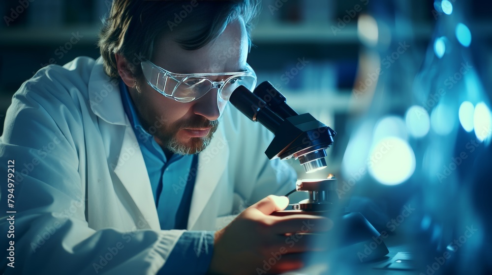 Poster a scientist meticulously examines a blood sample under a microscope, their face illuminated by the s