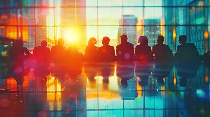 Fototapeta premium Silhouetted Business Professionals Gathering in Modern Office During Sunset