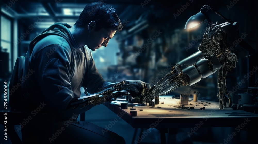 Aufkleber biomedical engineer working on a prosthetic limb, using precise tools and intricate designs.
