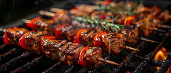 Grilled Shish Kebabs with Veggies on the Barbecue: A Favorite Summer Pastime. Concept Barbecue, Grilled Kebabs, Summer Pastime, Outdoor Cooking - obrazy, fototapety, plakaty