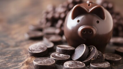 Chocolate piggy bank and chocolate coins. The concept of raising the price of chocolate