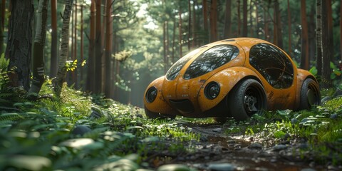 Cute self-driving car modeled after a smiling ladybug gliding along a nature trail - obrazy, fototapety, plakaty