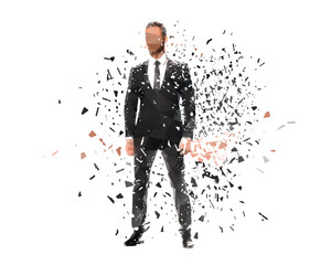 Businessman standing, isolated low poly vector illustration with shatter effect, front view