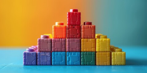 Playful blockchain network of interconnected toy building blocks stacking into a secure tower - obrazy, fototapety, plakaty