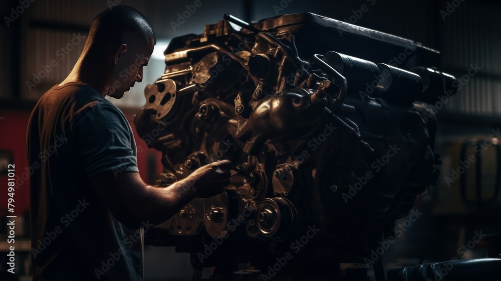 Poster a silhouette of a mechanical engineer working on a complex engine in a dimly lit workshop.