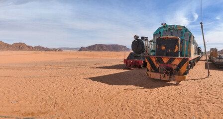 Old train at Wadi Rum desert in Jordan