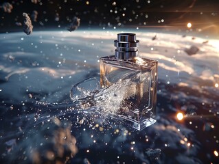 A trail of sparkling perfume droplets floats away from the open bottle, suspended in zero gravity. The Earth gleams in the distance, a symbol of home and luxury. 