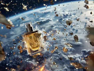 A trail of sparkling perfume droplets floats away from the open bottle, suspended in zero gravity. The Earth gleams in the distance, a symbol of home and luxury. 