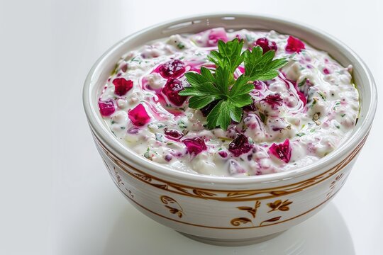 baba ganush in white bowl with parsley garnish